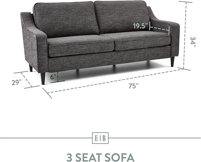 Edenbrook Jensen Upholstered Couch - Couches for Living Room - Charcoal Upholstered Couch - Living Room Furniture - Small Couch - Seats Three - Scoop Arm Modern Couch - LeafyLoom