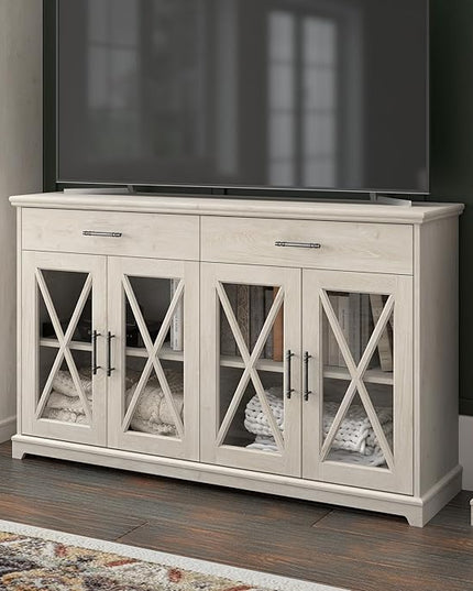 Bush Furniture Lennox Farmhouse Stand for 75 Inch TV | Living Room Entertainment Center with Storage, 60W, Linen White Oak - LeafyLoom