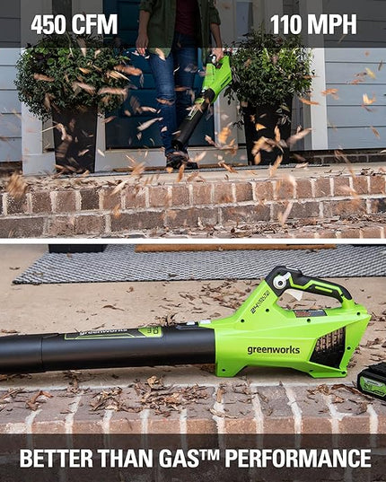 Greenworks 24V (110 MPH / 450 CFM / 125+ Compatible Tools) Cordless Brushless Axial Leaf Blower, Tool Only - LeafyLoom