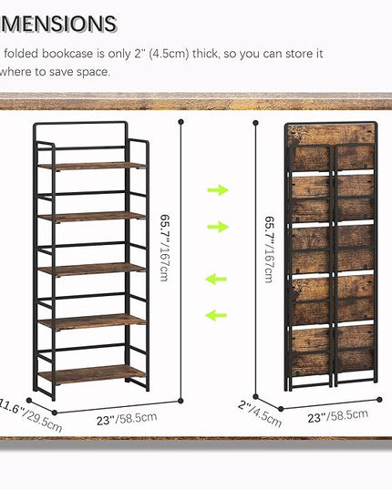4NM No-Assembly 5 Tiers Folding Bookshelf Storage Shelves Vintage Bookcase Standing Racks Study Organizer Home Office (Rustic Brown, 5 Tiers) - LeafyLoom