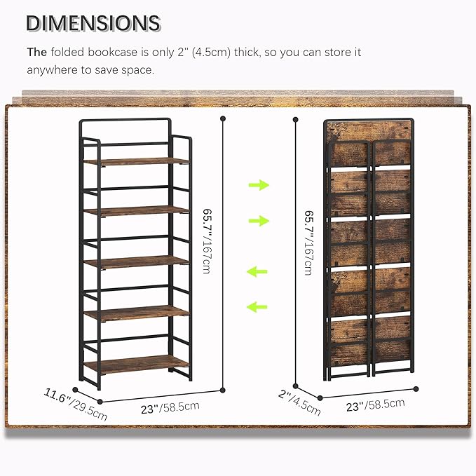 4NM No-Assembly 5 Tiers Folding Bookshelf Storage Shelves Vintage Bookcase Standing Racks Study Organizer Home Office (Rustic Brown, 5 Tiers) - LeafyLoom
