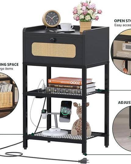 Night Stand, Side Table with Rattan Drawer, Nightstand with Charging Station, Industrial Bedside Table with 3-Tier Storage, Black JET003CB1 - LeafyLoom