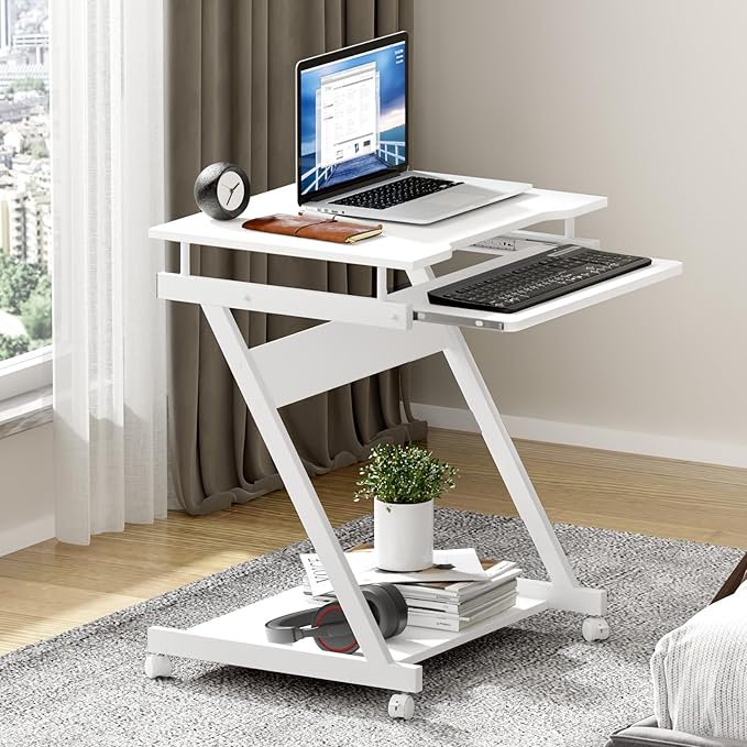 sogesfurniture Mobile Computer Desk Small Rolling Office Table Workstation with Printer Shelf and Keyboard Tray, Space-Saving Computer Desk with Storage Shelf for Home and Office (White) - LeafyLoom