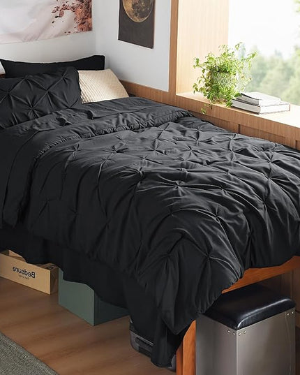 BEDSURE TwinXL Comforter Set with Sheets - 6 Pieces TwinXL Bedding Sets, Pinch Pleat Black Bed in a Bag with Comforters, Sheets & Skirt, Pillowcase & Sham, Kids Bedding Set - LeafyLoom