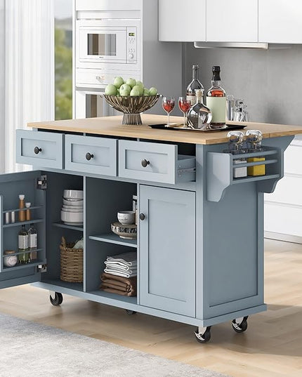 Kitchen Cart with Rubber Wood Drop-Leaf Countertop, Kitchen Island On 5 Wheels with Storage Cabinet, 3 Drawers and Internal Storage Racks, Rolling Mobile Portable Serving Carts (Blue) - LeafyLoom