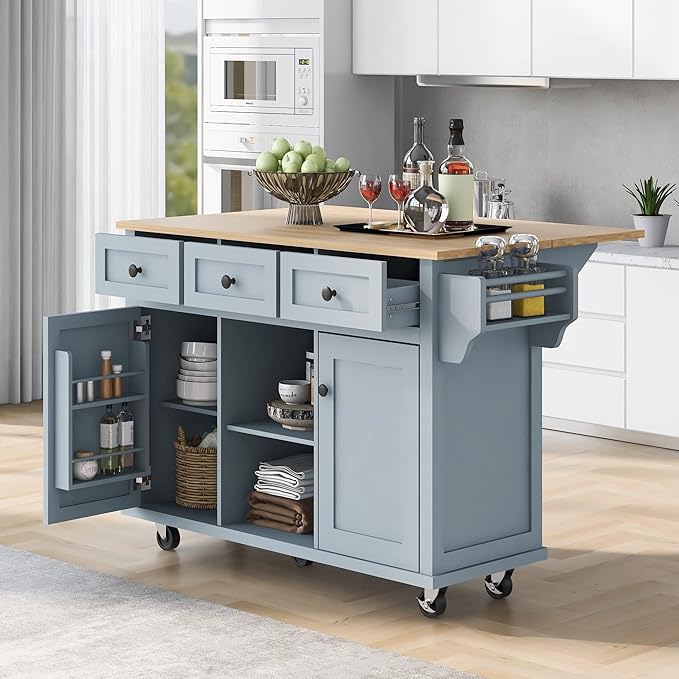 Cart with Drop-Leaf Countertop, Kitchen Island on 5 Universal Wheels with Open Shelves, Storage Cabinet and 3 Drawers, Large Rubberwood Top Breakfast Bar for Dining Room, 53.1 Inch, Grey Blue 5 - LeafyLoom