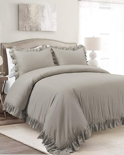Lush Decor Reyna Ruffle 100% Cotton Duvet Cover Set - 3 Piece Cozy Ruffled Bedding Set - Timeless Elegance and Comfort - Full/ Queen, Gray - LeafyLoom