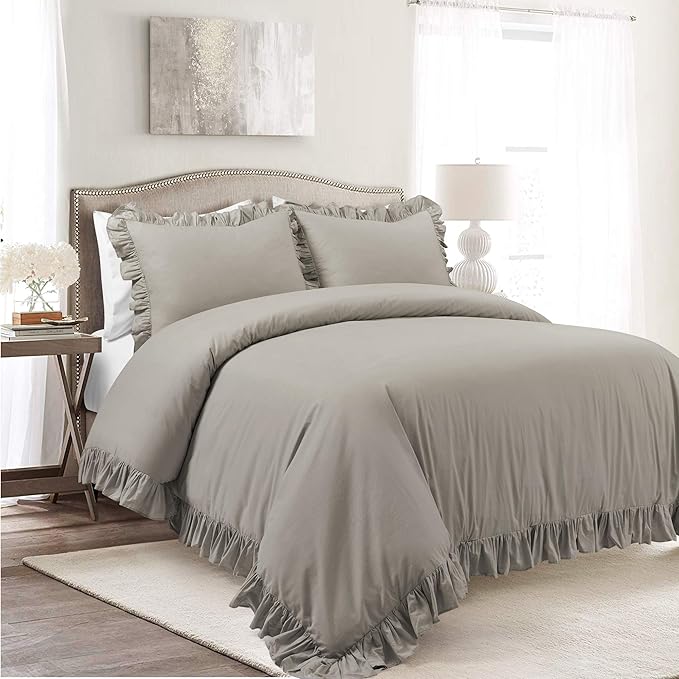Lush Decor Reyna Ruffle 100% Cotton Duvet Cover Set - 3 Piece Cozy Ruffled Bedding Set - Timeless Elegance and Comfort - Full/ Queen, Gray - LeafyLoom