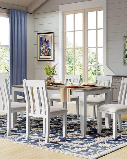 Dining Table Set for 6, 7-Piece Dining Table Set with Extendable Table and 6 Upholstered Chairs, Kitchen Table Set with Backrest for Dining Room, Living Room, Brown+White - LeafyLoom