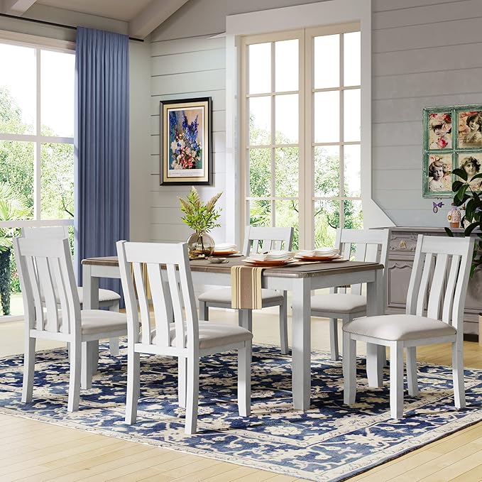Dining Table Set for 6, 7-Piece Dining Table Set with Extendable Table and 6 Upholstered Chairs, Kitchen Table Set with Backrest for Dining Room, Living Room, Brown+White - LeafyLoom