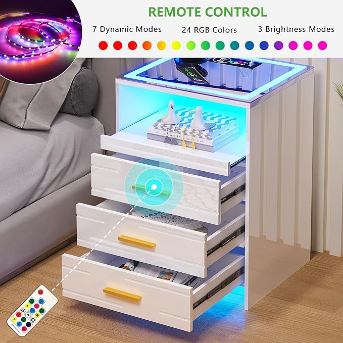 HNEBC High Gloss Nightstand with Wireless Charging Station, Smart Night Stand with RGB Dynamic Lighting, Modern Bed Side Table with Drawers Sliding Tray, Glass Tabletop, Motion Sensor Lights(C White) - LeafyLoom