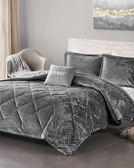 Intelligent Design Queen Comforter Set, Velvet Comforter Set , Luxury Diamond Quilting Comforter Set, Fluffy Comforter Bed Set with Decorative Pillowand 2 Shams, 4 Piece Grey, Full/Queen - LeafyLoom