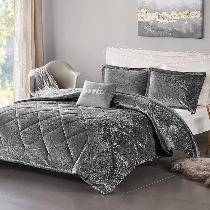 Intelligent Design Queen Comforter Set, Velvet Comforter Set , Luxury Diamond Quilting Comforter Set, Fluffy Comforter Bed Set with Decorative Pillowand 2 Shams, 4 Piece Grey, Full/Queen - LeafyLoom