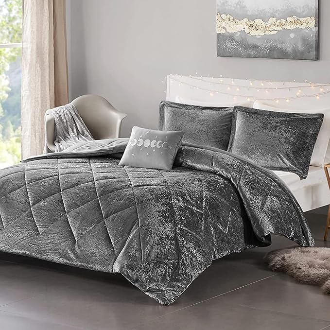 Intelligent Design King Comforter Set, Velvet Comforter Set , Luxury Diamond Quilting Comforter Set, Fluffy Comforter Bed Set with Decorative Pillowand 2 Shams, 4 Piece Grey, King/ Cal King - LeafyLoom