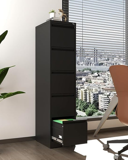 5 Drawer Vertical File Cabinet, Metal File Cabinets with Lock for Home Office, Heavy Duty Office Steel Filing Cabinet for Hanging Files for A4/ Legal/Letter,Assembly Required (Black) - LeafyLoom