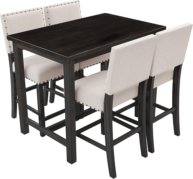 NicBex Small Dining Table Set for 4 Kitchen & Dining Room Tables 5 Piece Rustic Wooden Counter Height Dining Table Set with 4 Upholstered Chairs for Small Places, Espresso - LeafyLoom
