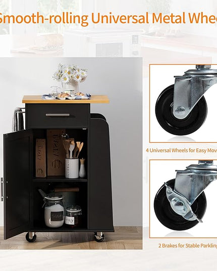 Shintenchi Small Kitchen Island on Wheels with 3-Tier Side Spice Rack and Rubber Wood Top, Trolley Cart with Storage Cabinet & Drawer and Handle/Towel Rack, Black - LeafyLoom
