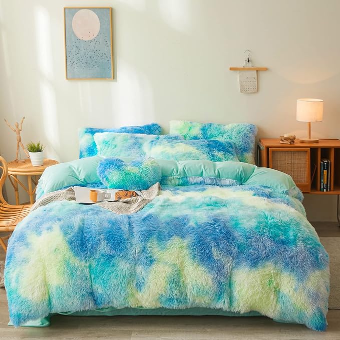 Tie dye Plush Fluffy Comforter Cover Set Queen - Ultra Soft Faux Fur tie dye Bedding Sets 3 Pieces (1 Shaggy Duvet Cover + 2 Pillow case) Fluffy Bed Set (Tie Dye Mint, Queen) - LeafyLoom