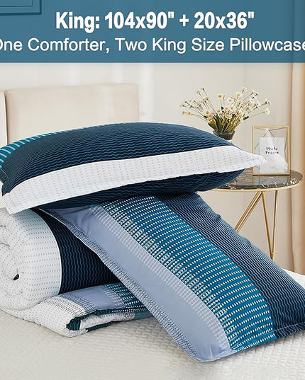 Litanika Navy Blue Comforter King Size Set, 3 Pieces Bedding Set, Blue White Colorblock Stripe (104x90In Comforter & 2 Pillowcases) - LeafyLoom