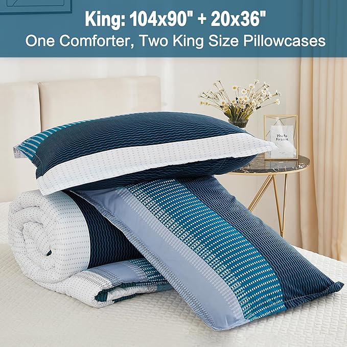 Litanika Navy Blue Comforter King Size Set, 3 Pieces Bedding Set, Blue White Colorblock Stripe (104x90In Comforter & 2 Pillowcases) - LeafyLoom