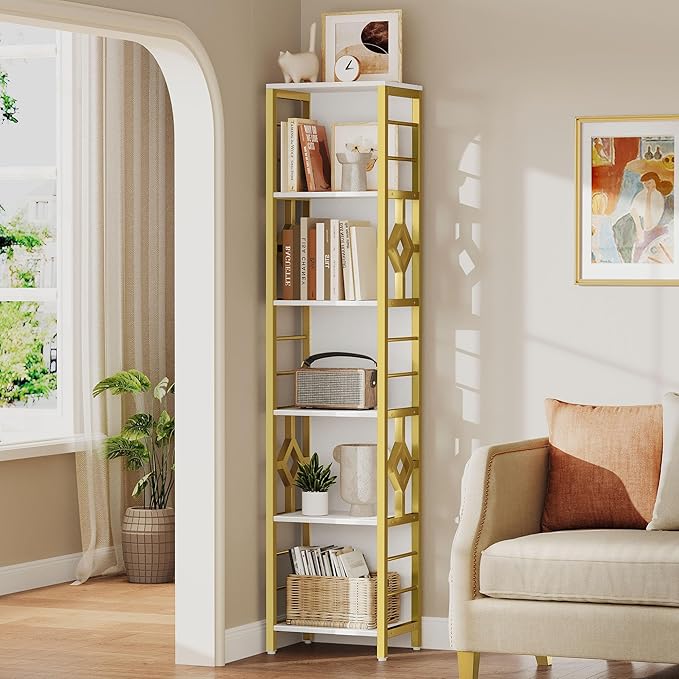 YITAHOME Narrow Bookshelf, 5-Tier White and Gold Book Shelf Storage Rack, Display Shelves Stand Etagere for Small Spaces, Open Bookcase for Bedroom Living Room Bathroom Kitchen, Gold - LeafyLoom