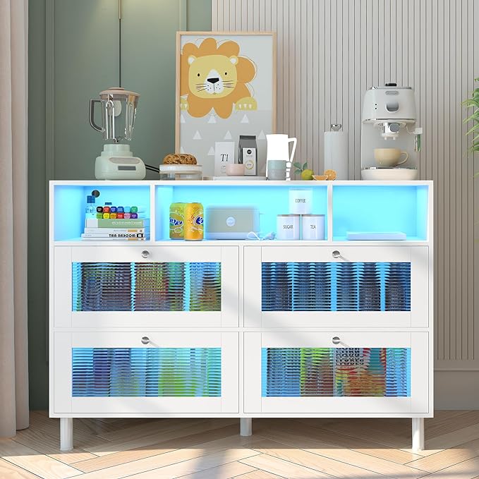 Sideboard Fluted Buffet Cabinet with Storage | 47’’ Large Kitchen Storage Cabinet with LED Light & Power Outlet, Modern Coffee Bar Cabinet Buffet Table for Living Room, Dining Room, Entryway - LeafyLoom