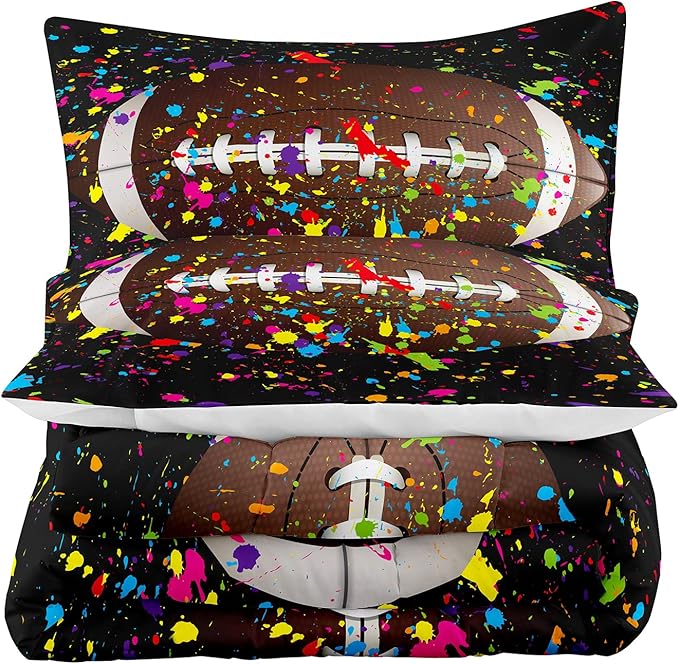 Tailor Shop Watercolor Sports Football Comforter Set for Boys 3D Black Splash Ink Colorful Football Bedding Set King Size with 1 Comforter 2 Pillow Shams, - LeafyLoom