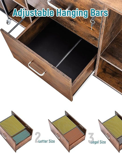 Lateral File Cabinet, 2 Drawer Mobile Filing Cabinet with Outlet, Open Storage Side Shelves, Locking Drawer Fits A4/Letter/Legal Size File Cabinets for Home Office, Brown - LeafyLoom