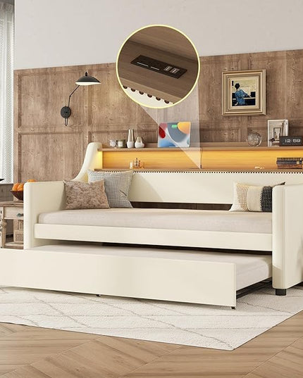 Twin Size Daybed with Trundle, Upholstered Daybed with Charging Station and LED Lights, PU Leather Fabric Bedframe w/Headboard & Wood Slat Support, White - LeafyLoom