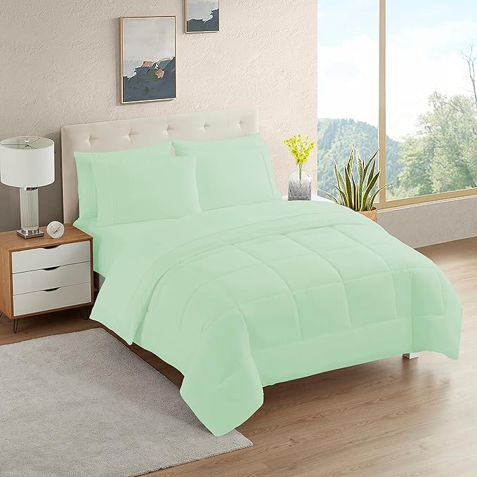 Dorm Room Essentials College Bedding Comforter Set 5 Piece Twin Size Bed in a Bag for College Students Boys and Girls, Twin, Mint - LeafyLoom