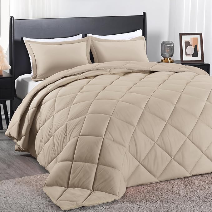downluxe King Size Comforter Set - Khaki King Comforter Set, 3 Pieces Soft Solid Comforter King Size Set for All Seasons, 1 Lightweight Fluffy Comforter (104"x92") and 2 Pillow Shams - LeafyLoom