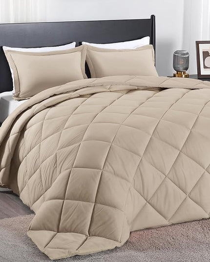 downluxe Queen Comforter Set - Khaki Comforter Set Queen, 3 Pieces Solid Comforter Set Queen Size for All Seasons, 1 Lightweight Fluffy Comforter (88"x92") and 2 Pillow Shams - LeafyLoom