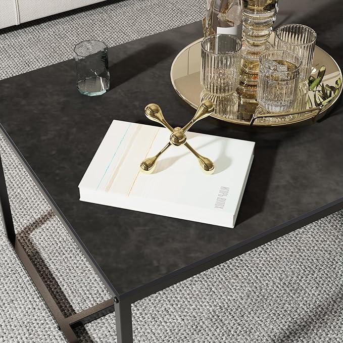 Wisfor Sintered Stone Coffee Table: Black Sofa Center Table with Black Metal Frame - Rectangular Furniture Decor Table for Living Room, 39.4x23.6x15.7 Inch - LeafyLoom