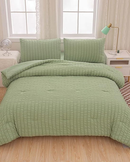 5 Pcs Sage Green Comforter Sets Queen Size for Girls Women Kids, Boho Light Green Bedding Set Queen Size,Soft Lightweight Microfiber Bed Set for All Season - LeafyLoom