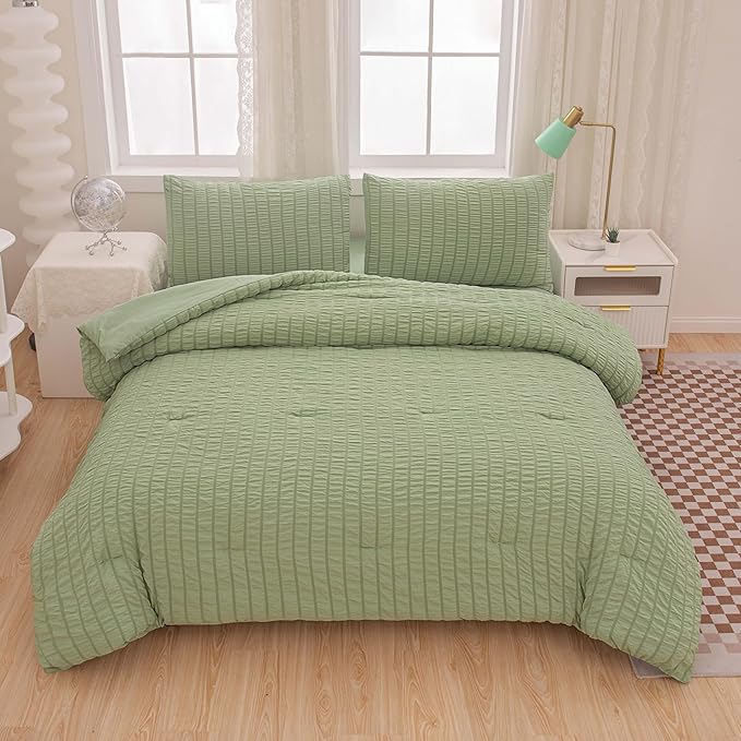 5 Pcs Sage Green Comforter Sets Queen Size for Girls Women Kids, Boho Light Green Bedding Set Queen Size,Soft Lightweight Microfiber Bed Set for All Season - LeafyLoom