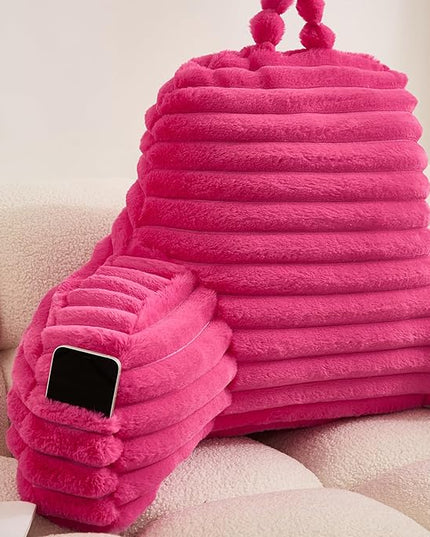 WERDIM Reading Pillow for Sitting in Bed, Faux Fur Back Pillow for Bed Rest, Bed Chair Pillow with Arms and Pockets(Large, Hot Pink) - LeafyLoom