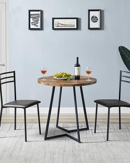 VECELO Round Kitchen Table with 2 Upholstered Chairs, 3-Piece Wood Dinette Sets with Steel Frame for Breakfast Nook, Dining Room, and Small Space, Antique Brown - LeafyLoom