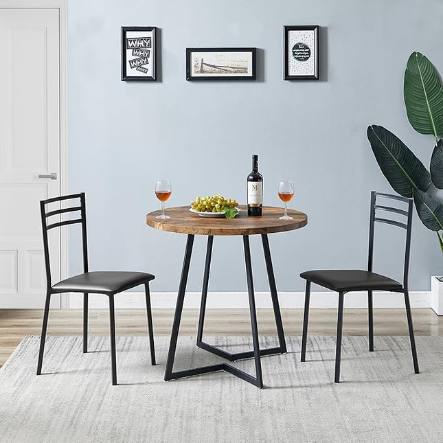VECELO Round Kitchen Table with 2 Upholstered Chairs, 3-Piece Wood Dinette Sets with Steel Frame for Breakfast Nook, Dining Room, and Small Space, Antique Brown - LeafyLoom