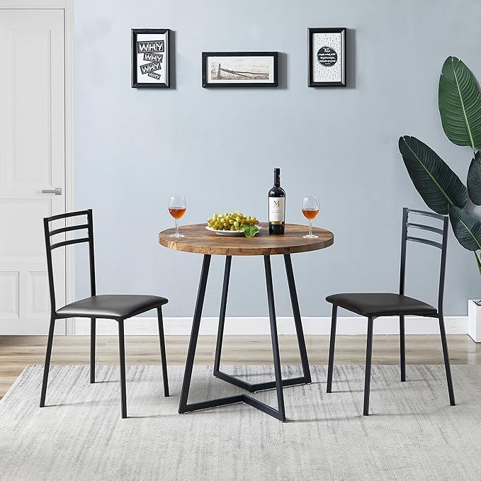 VECELO Round Kitchen Table with 2 Upholstered Chairs, 3-Piece Wood Dinette Sets with Steel Frame for Breakfast Nook, Dining Room, and Small Space, Antique Brown - LeafyLoom