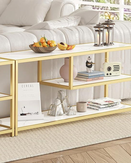 Function Home TV Stand for TVs up to 55 Inch, 3 Tier Entertainment Center, Media Console with Open Storage Shelves for Living Room Bedroom, 47” Modern TV Table with Faux Marble Top Gold Metal Leg - LeafyLoom