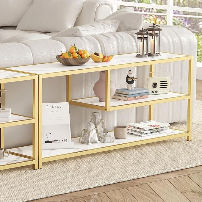 Function Home TV Stand for TVs up to 55 Inch, 3 Tier Entertainment Center, Media Console with Open Storage Shelves for Living Room Bedroom, 47” Modern TV Table with Faux Marble Top Gold Metal Leg - LeafyLoom