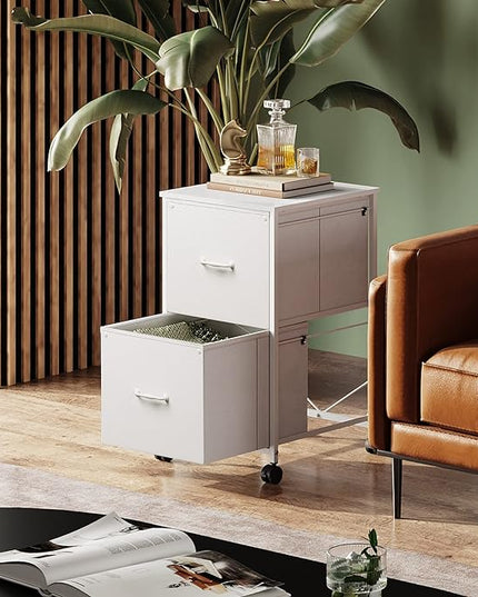 DEVAISE 2 Drawer Mobile File Cabinet, Rolling Printer Stand with Open Storage Shelf, Fabric Vertical Filing Cabinet fits A4 or Letter Size for Home Office, White - LeafyLoom