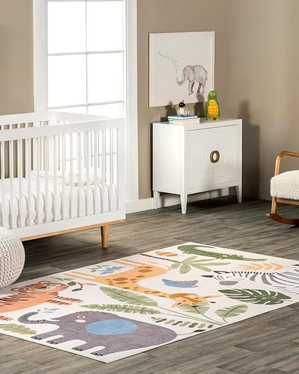 nuLOOM Felipa Safari Machine Washable Kids Ultra Thin Area Rug, 4x6, White Multi - LeafyLoom
