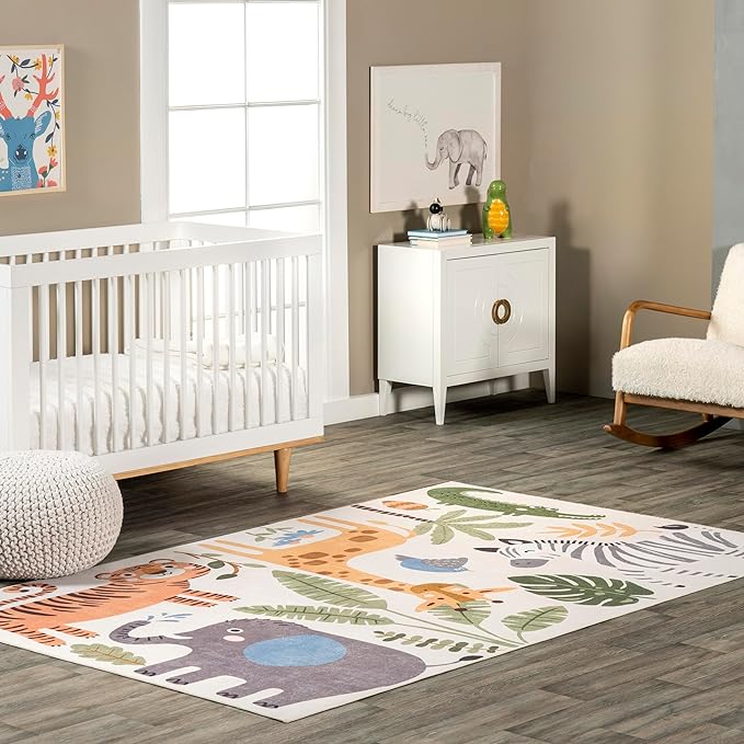nuLOOM Felipa Safari Machine Washable Kids Ultra Thin Area Rug, 4x6, White Multi - LeafyLoom
