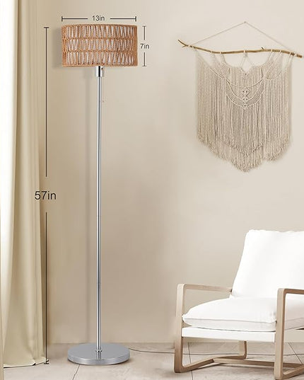 Rattan Floor Lamp for Living Room, Boho Standing Lamp with 3 Color Temperatures, Farmhouse Floor Lamp Wicker Lamp Double Shades, Bohemian Floor Lamps for Bedroom, Office(Chrome) - LeafyLoom