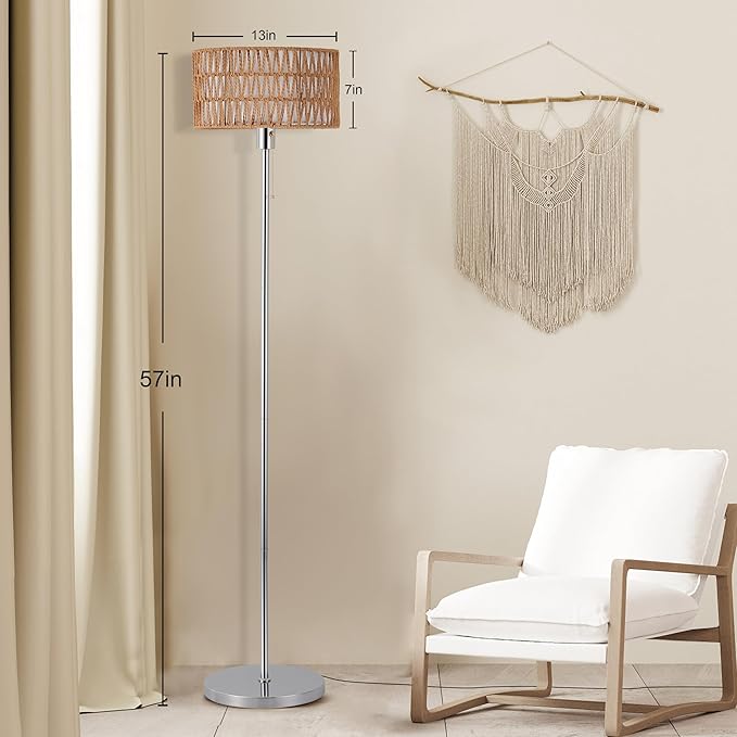 Rattan Floor Lamp for Living Room, Boho Standing Lamp with 3 Color Temperatures, Farmhouse Floor Lamp Wicker Lamp Double Shades, Bohemian Floor Lamps for Bedroom, Office(Chrome) - LeafyLoom