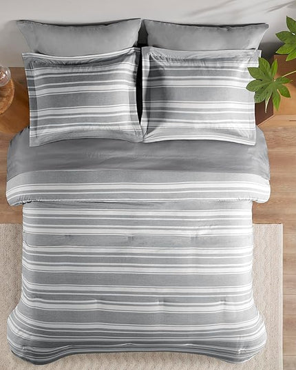 Queen Size Bed in a Bag, Full Bedding Sets, Modern Farmhouse Grey and White Striped Comforter with Sheets, 7-Piece Complete Bedroom Set - LeafyLoom