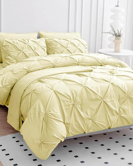 LANE LINEN Queen Comforter Set – 7 Piece Bed in a Bag – Pinch Pleated Queen Size Bedding Set with Comforter, Flat Sheet, Fitted Sheet, 2 Pillowcases & 2 Shams – Soft Pintuck Bed Set – Vanilla - LeafyLoom