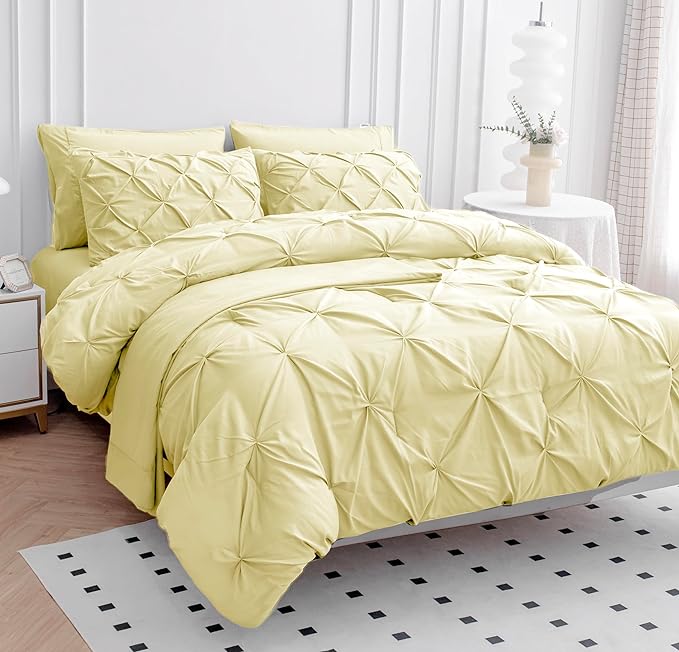 LANE LINEN Queen Comforter Set – 7 Piece Bed in a Bag – Pinch Pleated Queen Size Bedding Set with Comforter, Flat Sheet, Fitted Sheet, 2 Pillowcases & 2 Shams – Soft Pintuck Bed Set – Vanilla - LeafyLoom