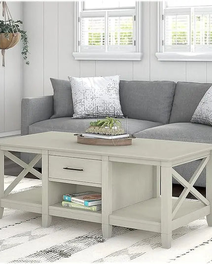 Bush Furniture Key West Coffee Table with Storage in Linen White Oak - LeafyLoom